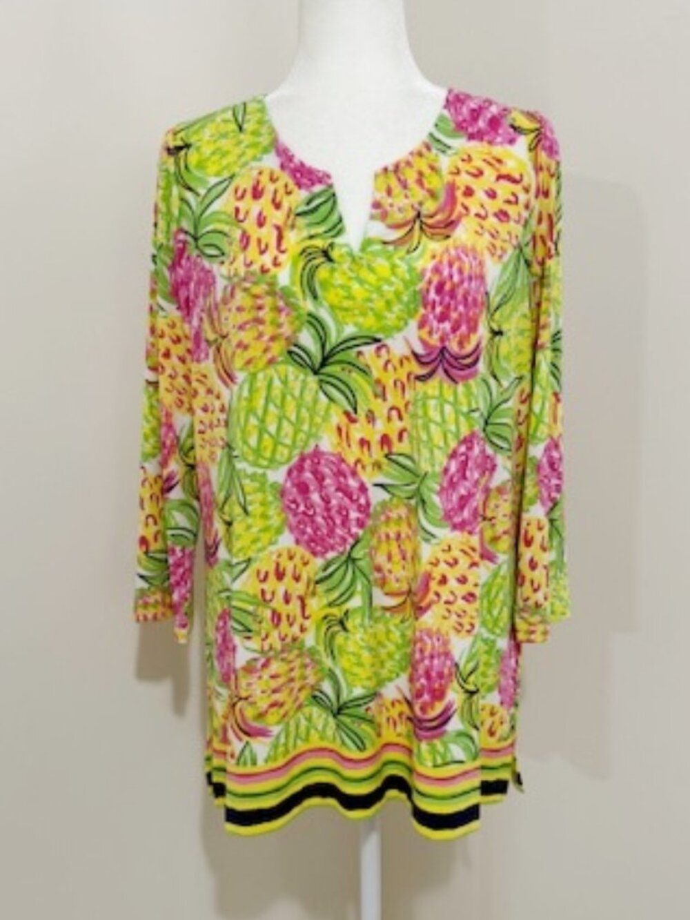 Pappagallo Tropical Pineapple Print Tunic Top Pink Green 3/4 Sleeve Size L